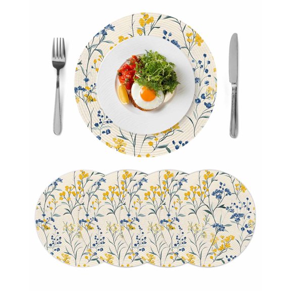 Yellow Blue Flowers Round 15 Inch Placemats Set of 4, Watercolor Botanical Floral Plants HeatResistant Non Slip Place Mats for Dining Table, Wipeable Braided Kitchen Table Mats for Housewarming