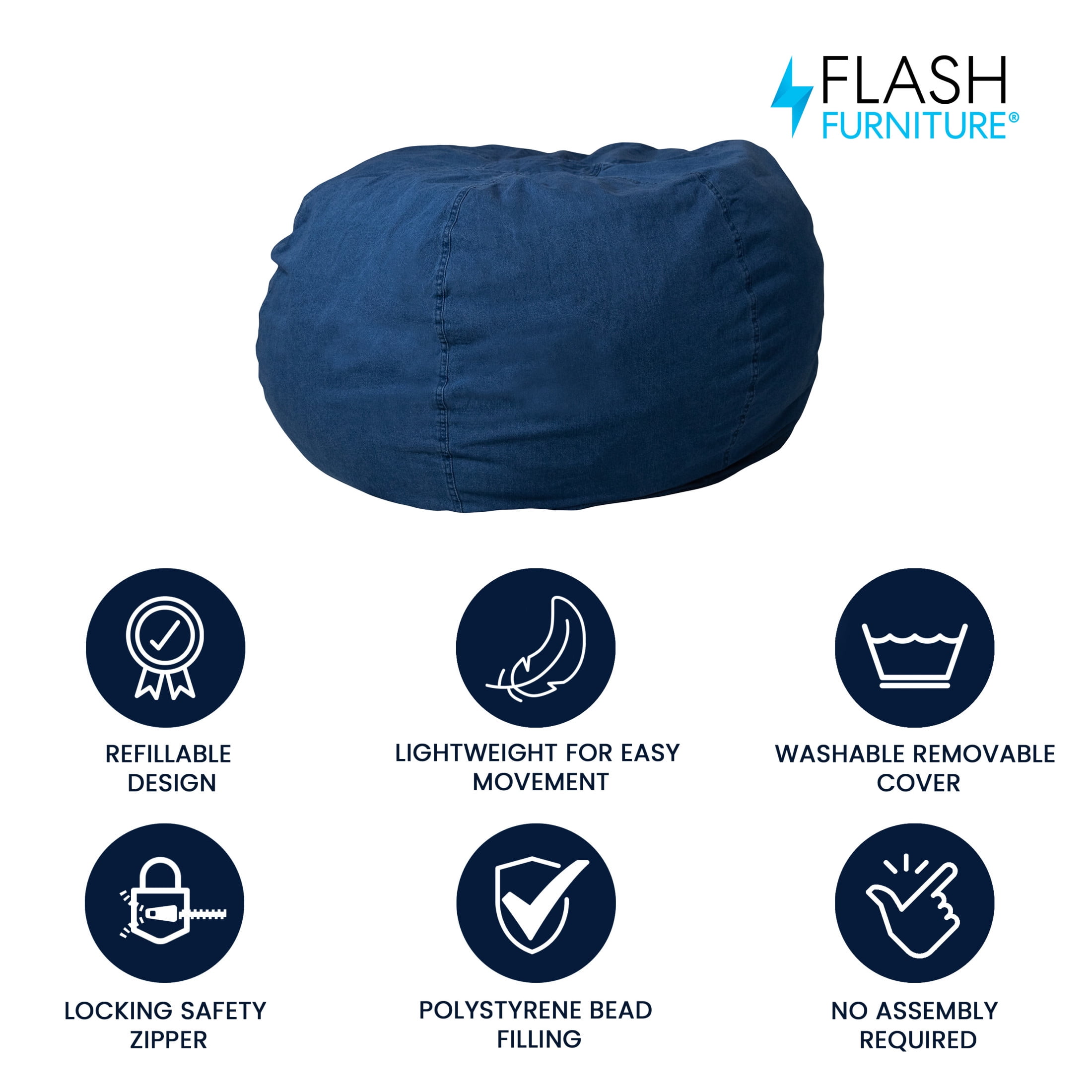 Flash Furniture Duncan Oversized Denim Refillable Bean Bag Chair for All Ages
