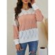thumbnail image 2 of Suéter De Punto A Rayas Con Bloques De Color Para Mujer Suelto Casual Elegante Manga Larga Cuello Redondo Suéter Hueco Rosa S, 2 of 8
