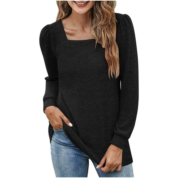 TKLPEHG Womens Blouse Crew Neck Pleated Tunic Tops Casual Fashion Solid Color Fall Tops Comfy Lightweight Long Sleeve T Shirt Loose Blouses Pullover (Black,M)