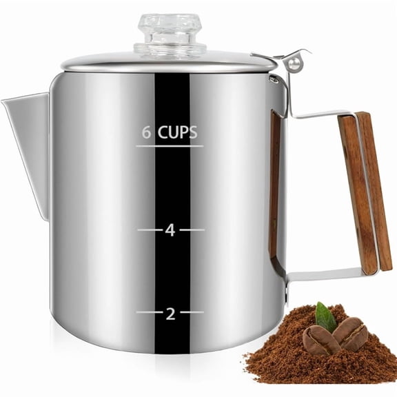 Stovetop 6-Cup Percolator Coffee Pot - 304 Stainless Steel, 1000ml, Wood Handle, for Home & Camping