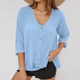 thumbnail image 5 of Fznquz Blue Women Blouses Plain V Neck Button Up Shirts Fall Casual Winter Long Sleeve Tees for Women, 5 of 6