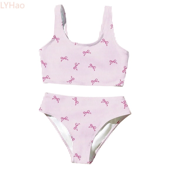 LYHao Girls Two Piece Swimsuit Cute Strappy Bikini Summer Floral Print Tankini For Teen Youth Student Beach,Two-Piece Swimwear 5-6 Years Red
