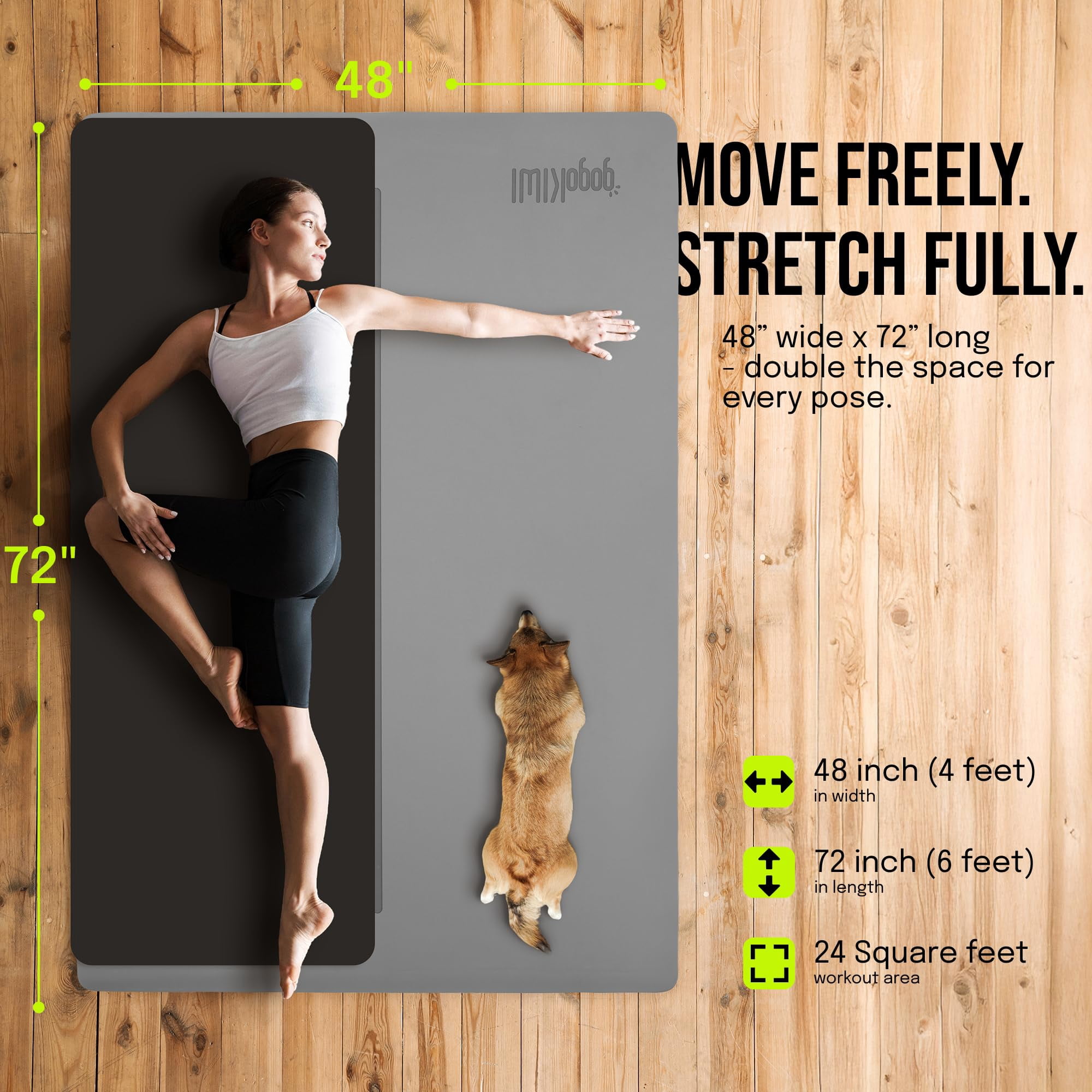 Gogokiwi Large Yoga Mat (6'x4') Extra Wide 1/4 Inch Thick Workout Mat for Home, Non Slip Fitness & Exercise Mat for Home Gym, Yoga, Pilates, Stretching, and Floor (Grey Shadows)