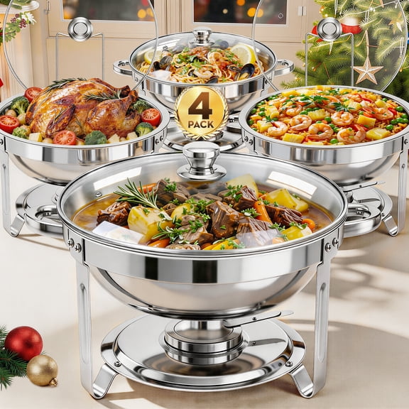 Chafing Dish Buffet Set, 5 Qt 4 Pack, Stainless Steel Chafer with 4 Full Size Pan, Round Catering Warmer Server with Glass Lid Water Pan Folding Stand Fuel Holder, for Wedding Party Banquet