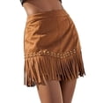 thumbnail image 2 of Women'S Suede Fringe Cowgirl Skirts Country Concert Outfit Western High Waisted Mini Skirt Western Caramel Color S, 2 of 9