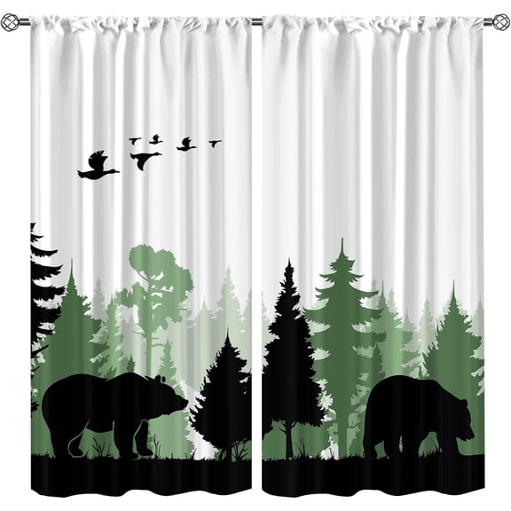 Bear Curtains, Scenic Rainforest Pine Window Curtain Black out Curtains, Vintage Forest Wildlife Art Extra Large Farmhouse Window Treatments Do Not Fade Pattern Clear for Kid Bedroom-W42xL54in