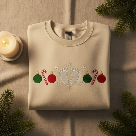 Embroidered Christmas Baby Feet Sweatshirt, Pregnancy Announcement Shirt, Winter Newborn Gift, Candy Cane Ornament Shirt