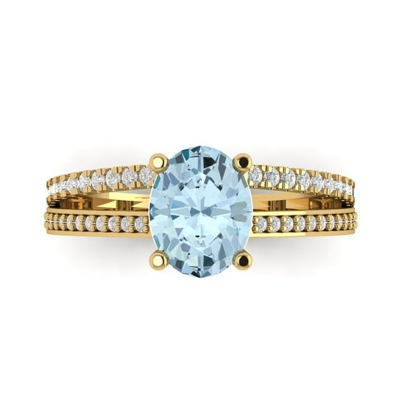 2.32 ctw Solitaire with Zirconia Diamond Accents Anniversary Ring for Women | Oval Cut Simulated Blue Diamond | Hyperallergenic Solid 14K Yellow Gold