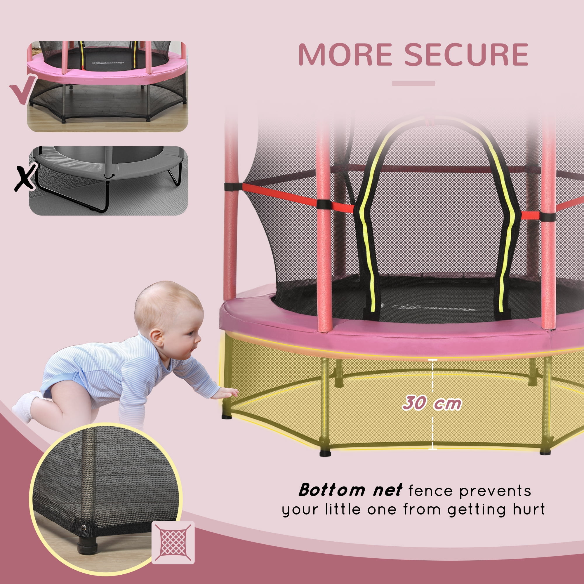 Outsunny Φ5FT Kids Trampoline with Enclosure Net, Springless, Safety Pad and Steel Frame for Indoor, Toddler Round Bouncer for Age 3 to 6 Years Pink