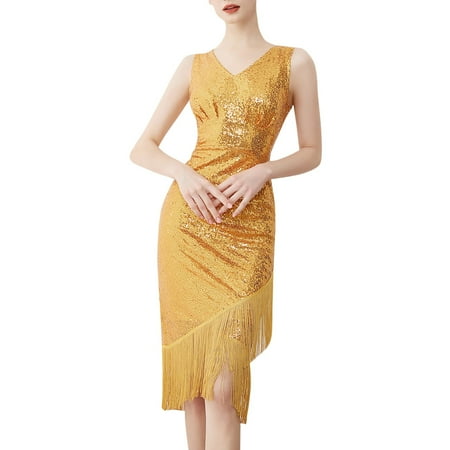 Blphud Womens Shoes Dressy Casual Dinner Dress Women Sequins Dress Tassel V Neck Sleeveless Evening Dress Sleeveless Dress Women Formal Gold L