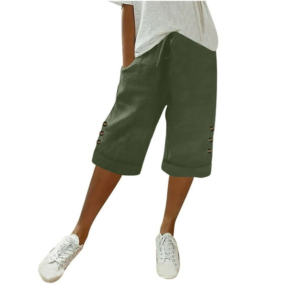 IDALL Athletic Shorts for Women Linen Shorts Womens Casual Solid Side Pockets Pants Shorts Elastic Waist Pockets Daily Mid Long Shorts Summer Shorts Lounge Shorts Women Army Green L