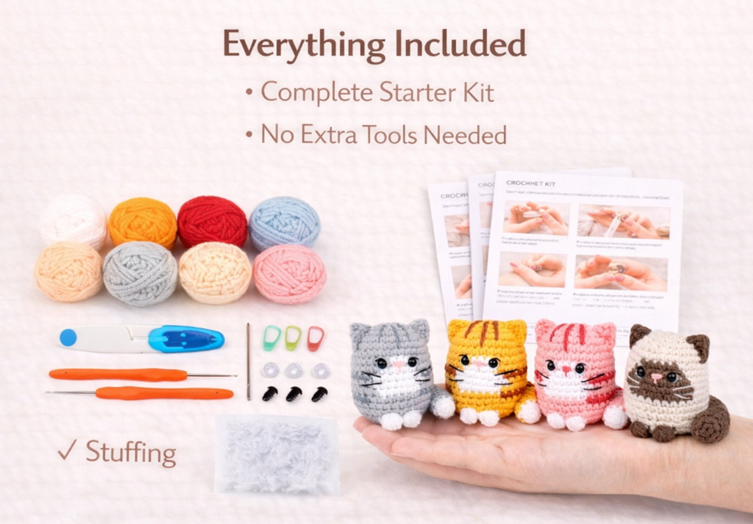 4 Pack Cat Crochet Kit for Beginners, Cat Amigurumi Starter Set with Step by Step Video Tutorials, TIKA