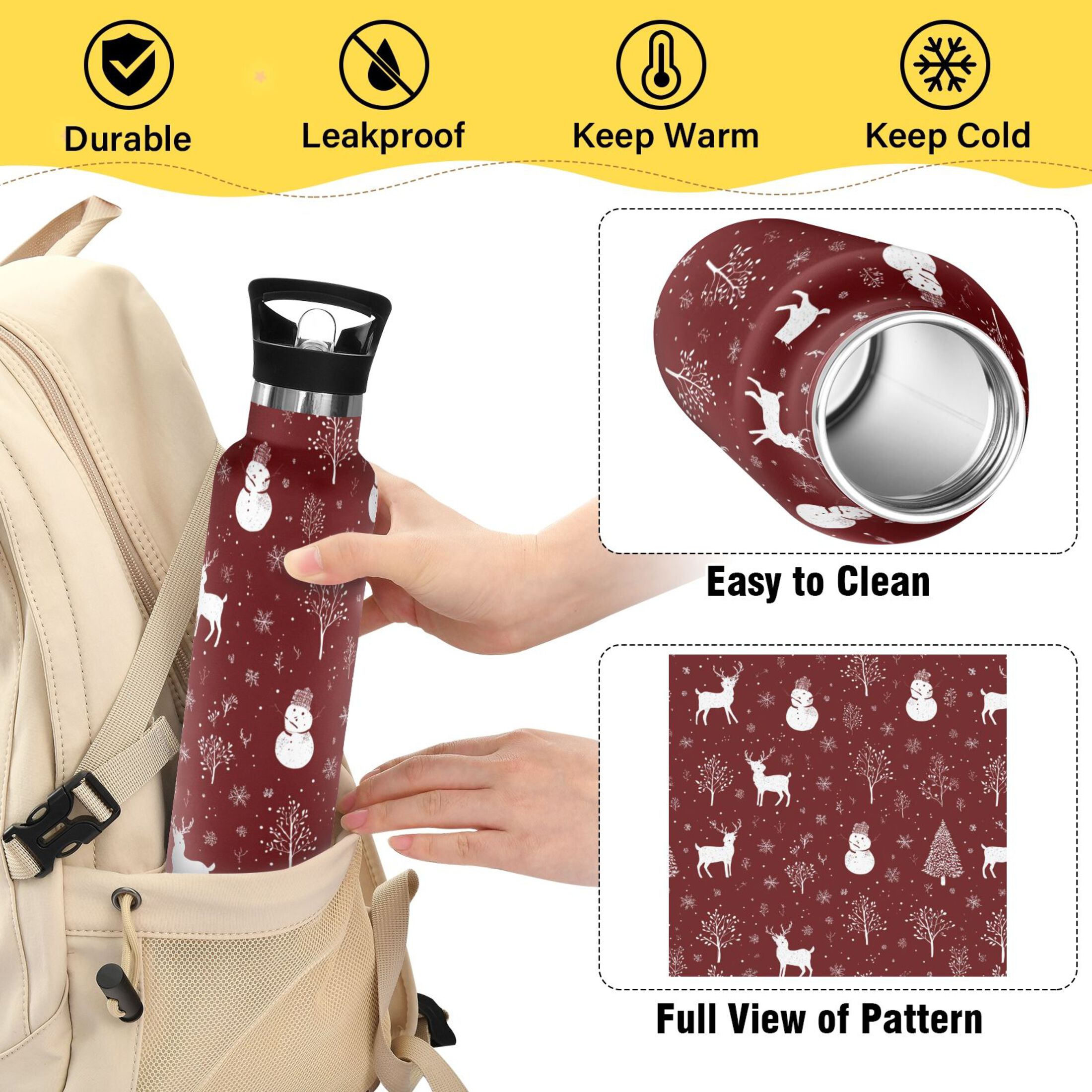 600ML Stainless Steel Insulated Cup Sports Water Bottle Portable Thermos Cup Water Glasses Insulated Tumblers Convenient and Durable Seamless Christmas Elements