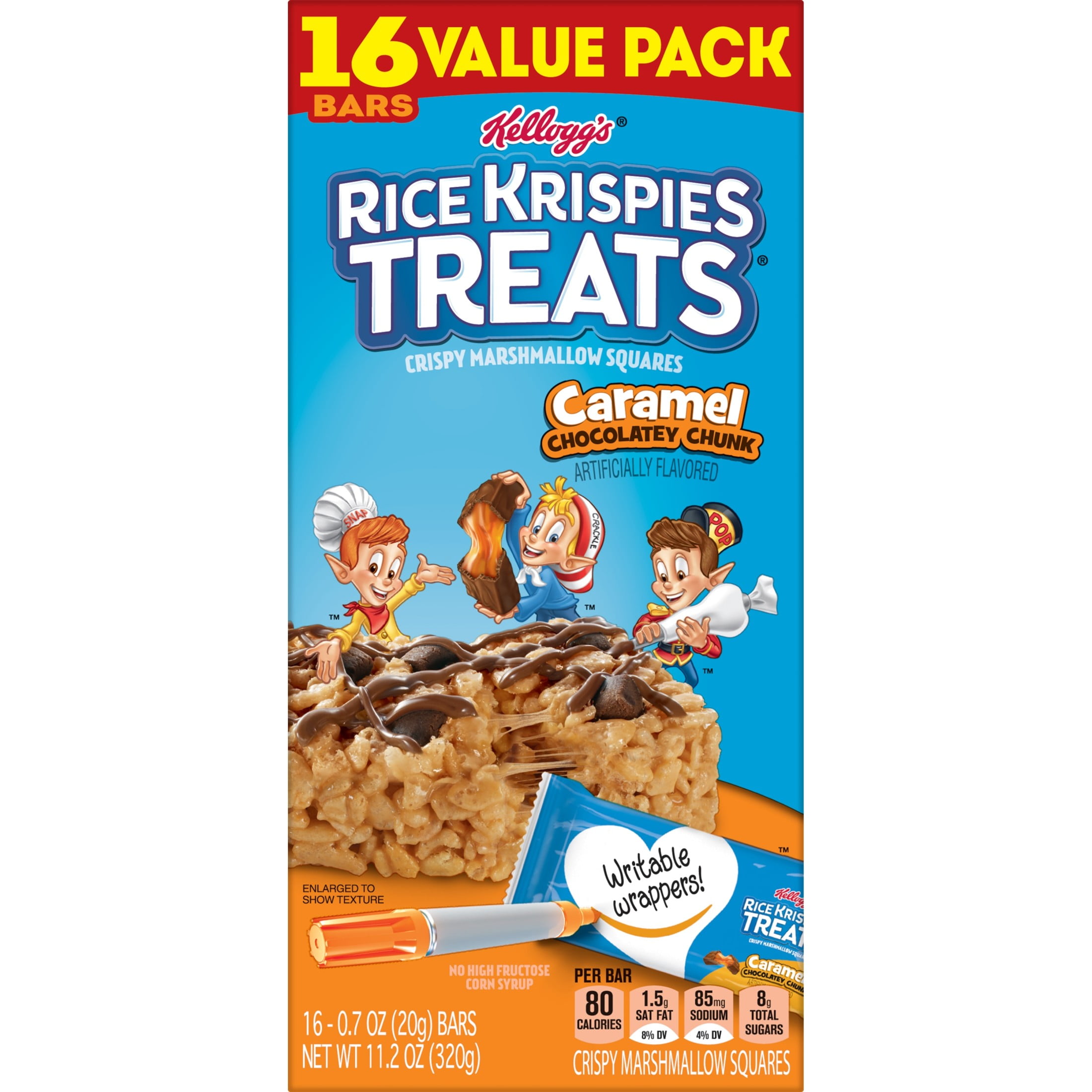 Rice Krispies Treats Caramel Chocolatey Chunk Chewy Marshmallow Snack Bars, Kids Snacks, 11.2 oz, 16 Count