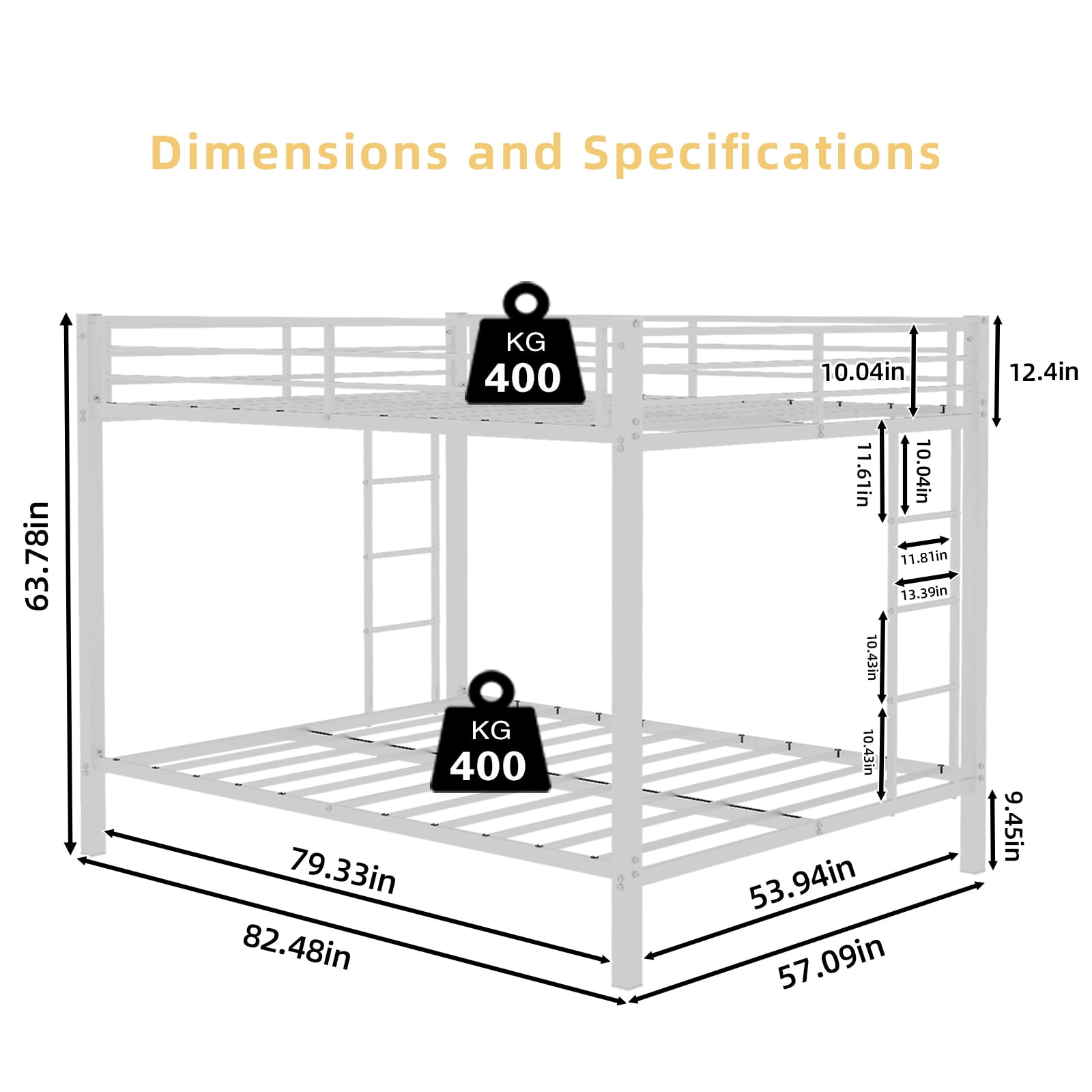 Leumius Full over Full Metal Bunk Bed Frame with Safety Rails & Ladders, Heavy-Duty Quiet Design for Teens and Adults,White