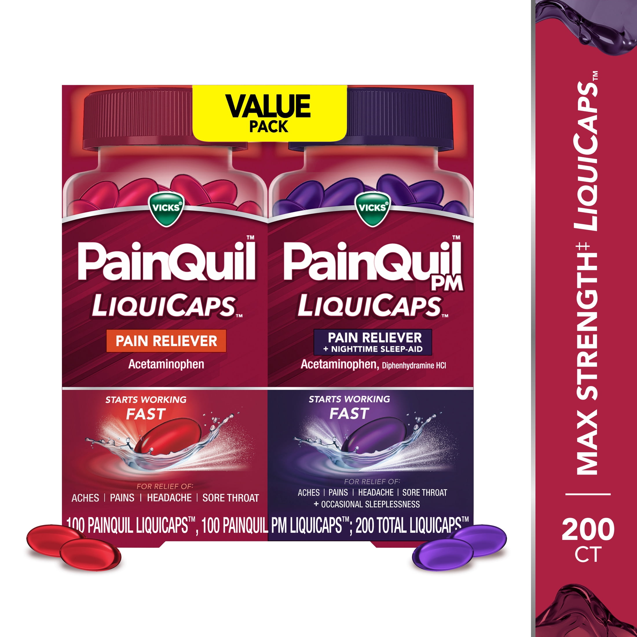 (2 pack) Vicks PainQuil Max Strength Pain Relief LiquiCaps, Day/Night Combo, 200 count