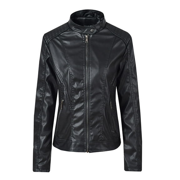 Women Trucker Jacket Faux Leather Utility Biker Jacket Zipper Lapel Collar Jacket Long Sleeve Leather Jacket Autumn Winter Coat Flight Bomber Jacket Ladies