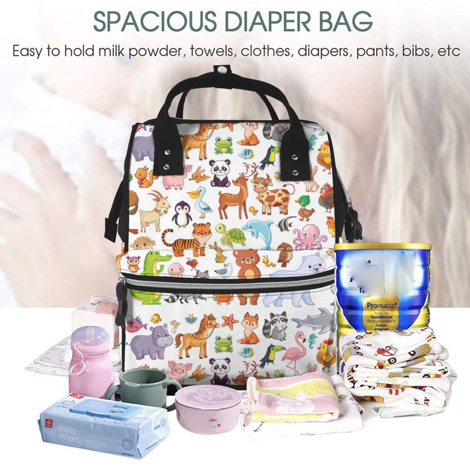 Fuzoiu Animal Cartoon Style Print Diaper Bag Backpack,Baby Essentials Travel Tote,Multi function Waterproof Diaper Bag, Travel Essentials Baby Bag - Unisex