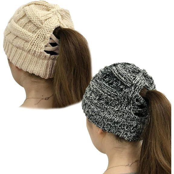 PHOGARY 2 Pack Ponytail Hats for Women Criss Cross Winter High Messy Bun Beanie Hat with Ponytail Hole (Colorful Black & Rice)
