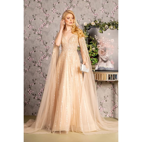 Women's GLS Gloria Gl3494 Embellished Cape Sleeve A-line Evening Elegant Gown New Collection Champagne Goldish Beige Size L
