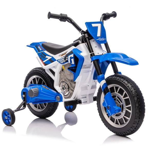 Blue 12V Kids Ride On Motorcycle Dirt Bike with Training Wheels, Music,Spring Suspension