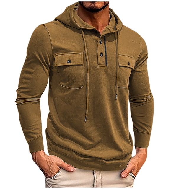 Jalioing Men's Cargo Sweatshirts Long Sleeve Solid Color Drawstring Hoodies Casual Button Pullover with Pocket