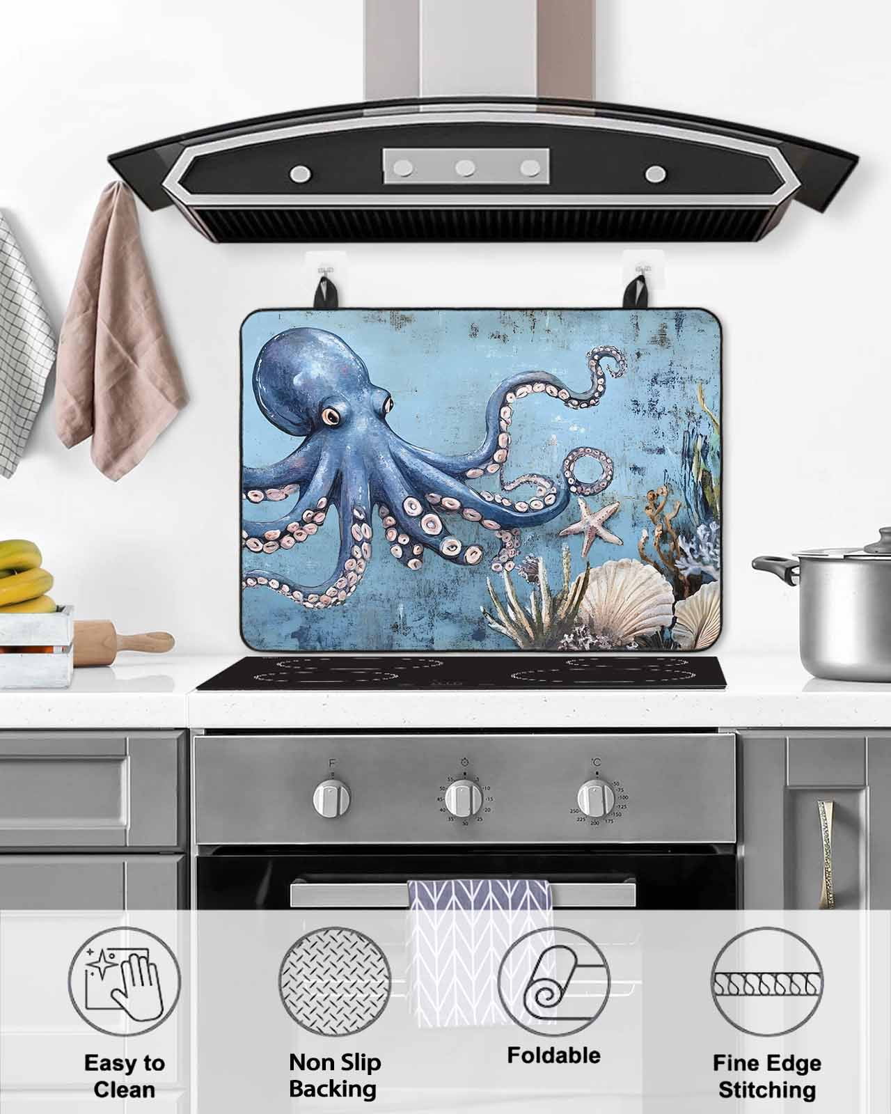 nqOlkjepod Large Induction Cooktop Protector Mat 24"x21", Octopus Stove Top Covers for Electric Stove, Blue Ocean Coastal Starfish Shell Coral Retro Stove Burner Cover Mats, Glass Top Stove Cover