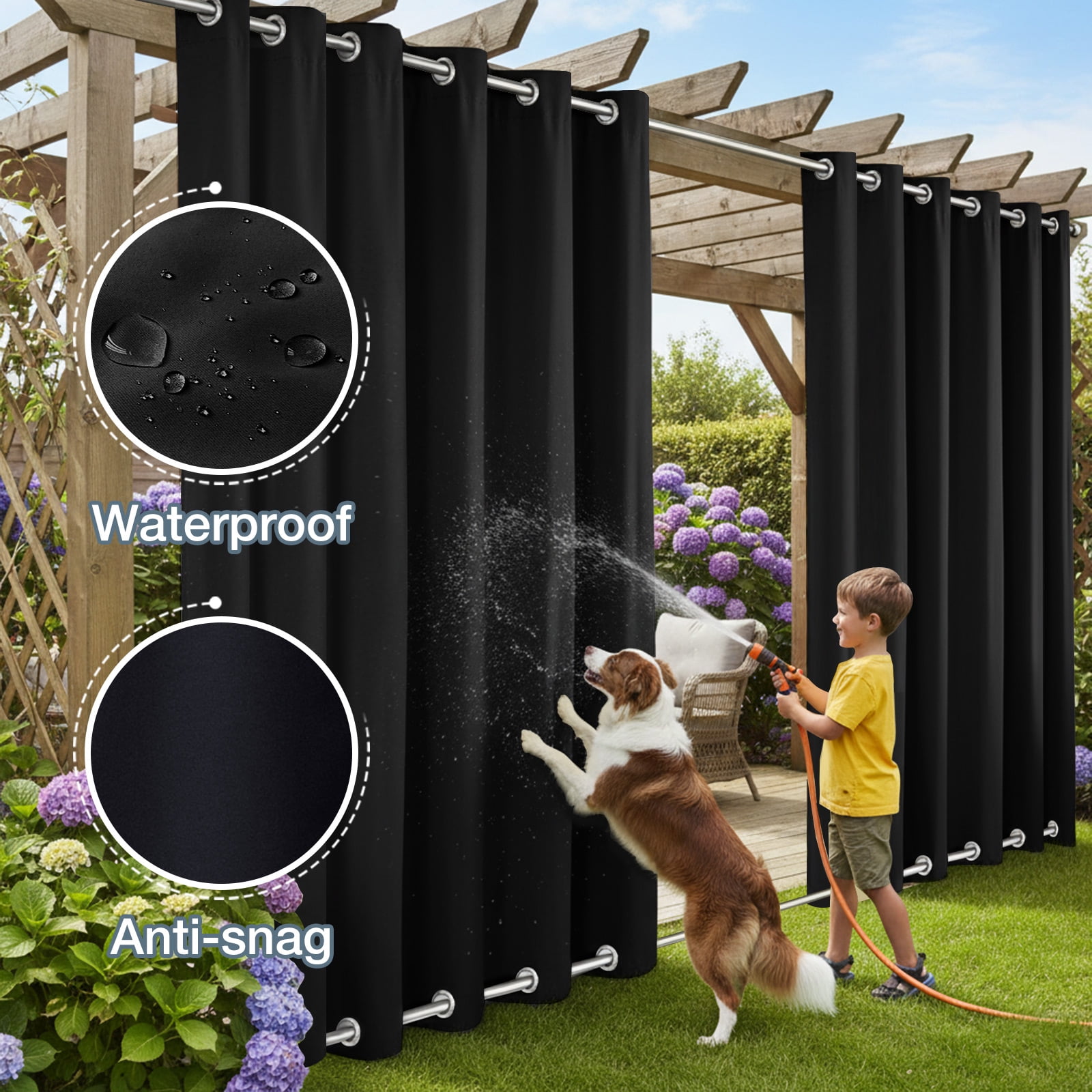 DONGPAI 100" Wide Outdoor Curtains for Patio Waterproof Blackout Privacy UV Resistant with Top and Bottom Grommet for Porch, Gazebo, Pergola, 100"x 84", Black, 1 Panel