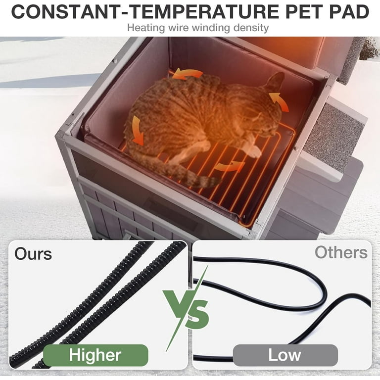 Heated Outdoor Cat House Insulated, 2-Story Outside Feral Cat Shelter with Weatherproof Roof and 2 Escape Doors, Kitty Condo with Heating Pad and Insulated Liner in Winter
