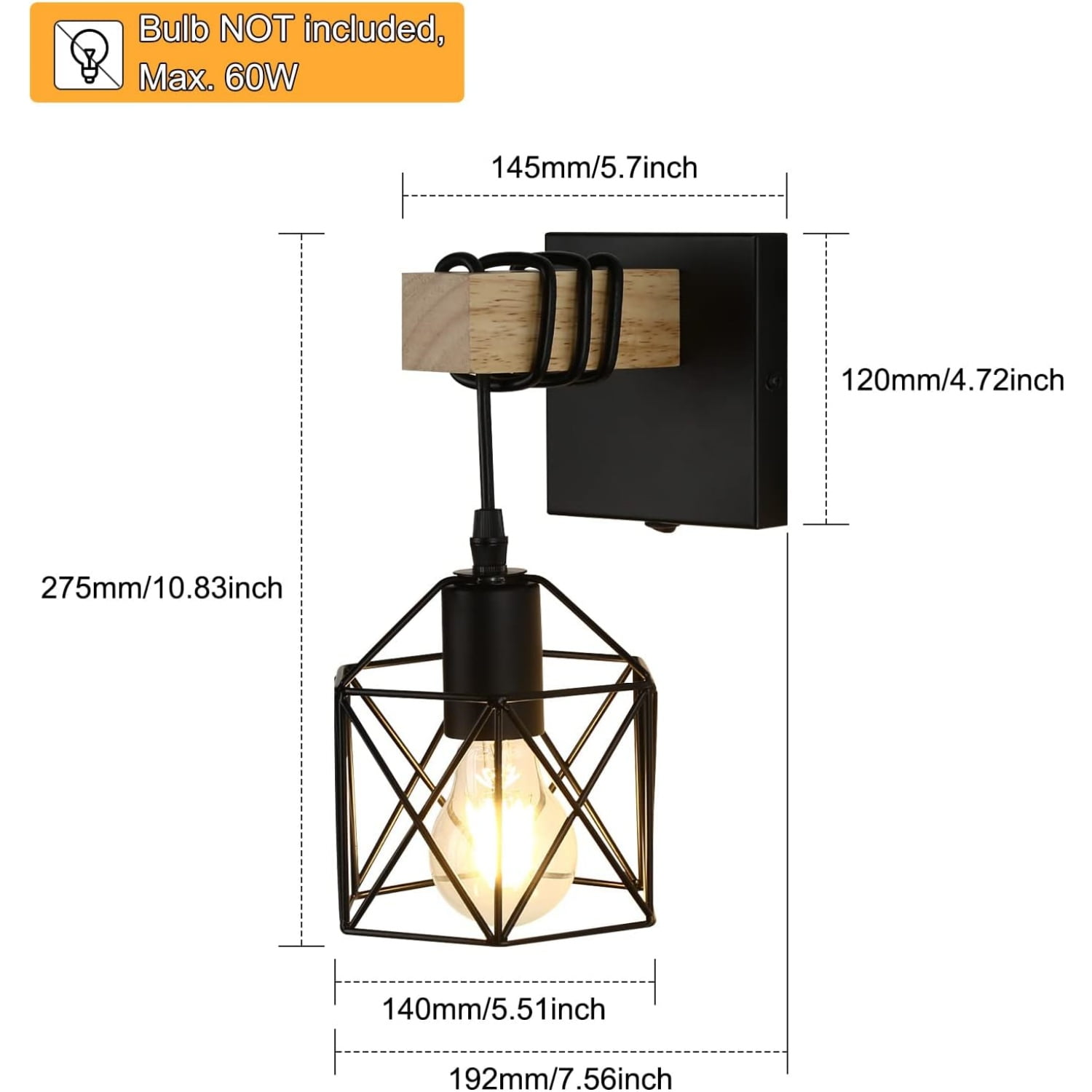 Black Wall Sconce with ON/Off Switch Pack of 2, Dimmable Cage Wall Mount Light Fixture Industrial Farmhouse Lighting