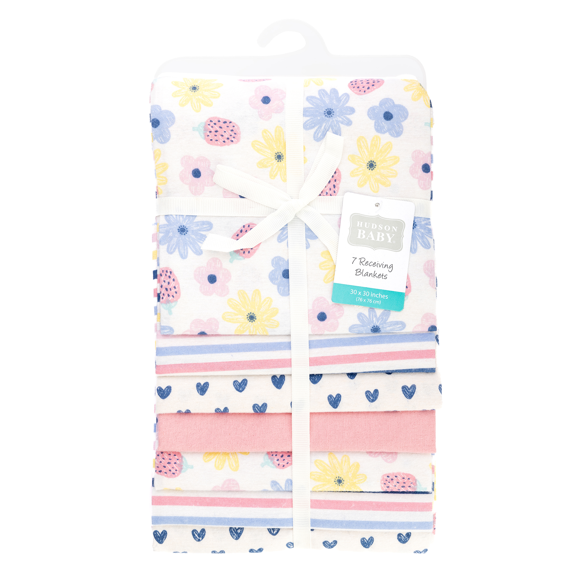 Hudson Baby Infant Girls Cotton Flannel Receiving Blankets 7-Pack Bundle, Flowers And Strawberries, One Size