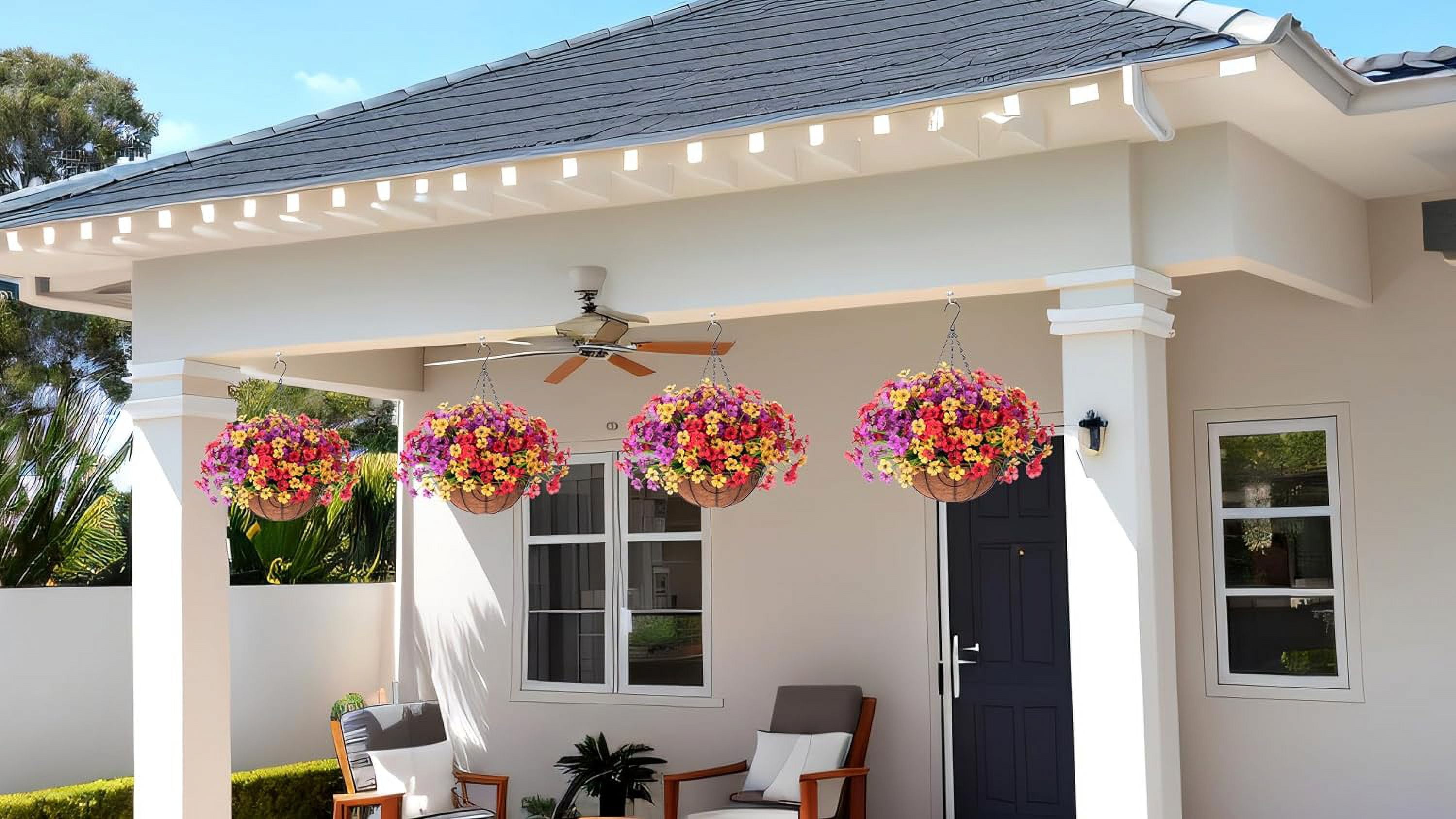 Artificial Faux Hanging Plants Flowers Basket for Spring Summer Outdoor Porch Decor, Fake Silk Colorful Daisy Eucalyptus in Planter UV Resistant Look Real Patio Balcony Yard(Red Purple Yellow)