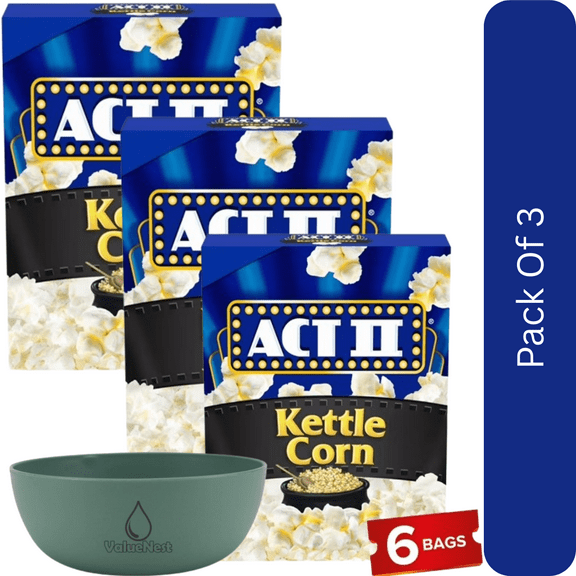 Act II Kettle Corn Microwave Popcorn, 2.75 oz., 6-Count-3pk, With Olive Green Bowl By ValueNest