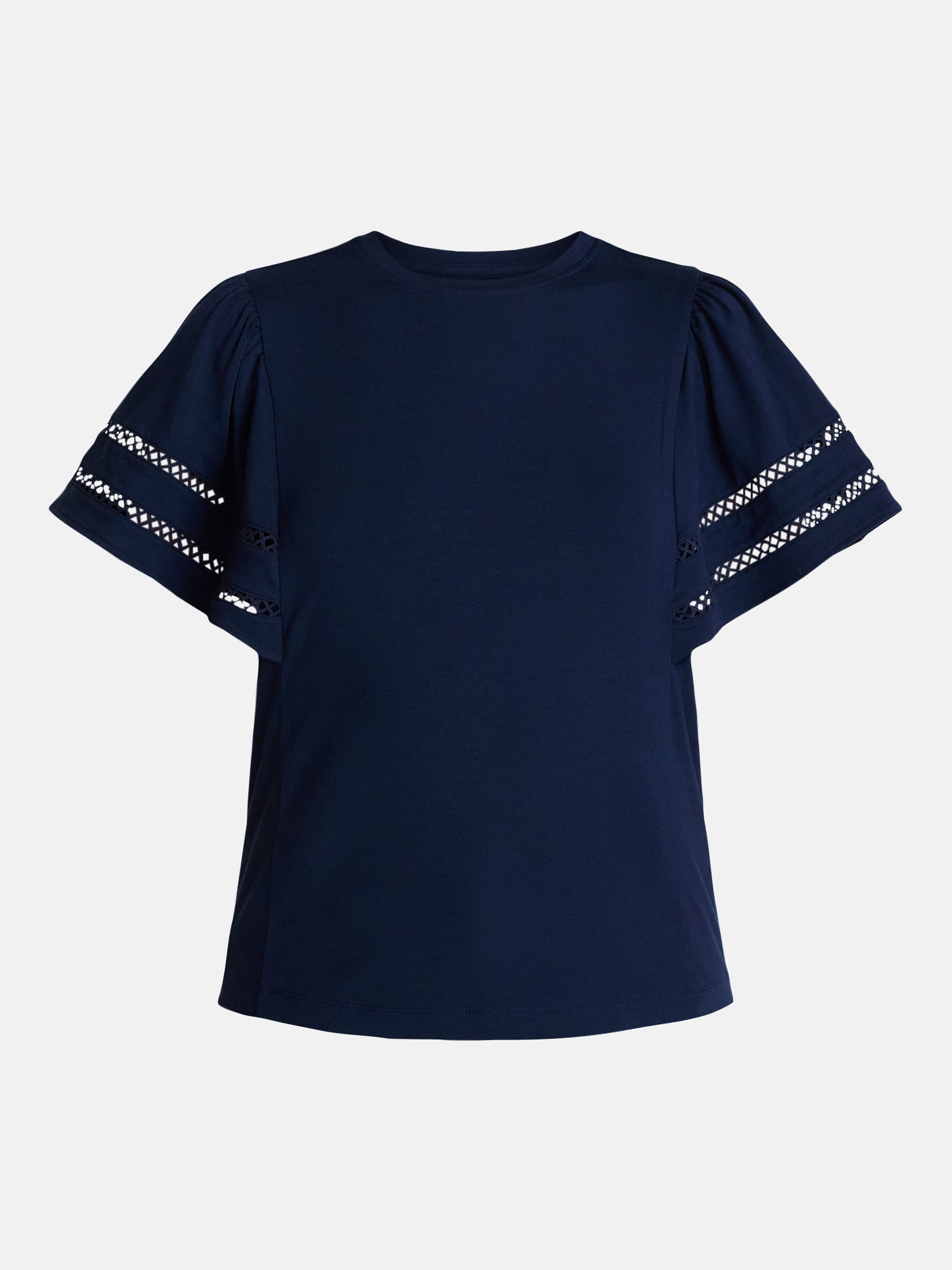 Time and Tru Women’s Crewneck Top with Lace Inset Flounce Sleeves, Sizes XS-XXXL