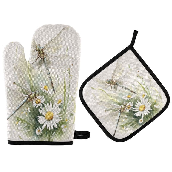 2 PCS Oven Baking Gloves Set Heat Resistant Oven Mitt & Pot Holder Set Cooking Mitts Kitchen Home Supplies Dragonflies with White Daisies