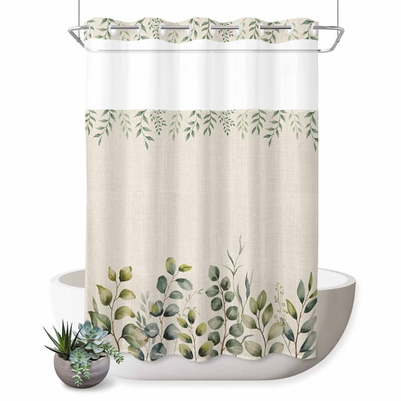 No Hook Shower Curtain, Eucalyptus Shower Curtains for Bathroom with See Through Top Window, Sage Green Farmhouse Leaf Pastoral Plant Waterproof & Washable Bath Curtain Extra Long 72"x96"