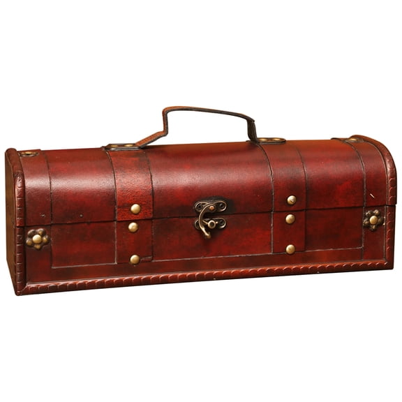 Single Bottle European Antique Wooden Wine Box, Red Storage Case with Dome Top, Portable Handle, Metal Rivet & Lock Accents, Suitable for Weddings, Holidays and Gifting