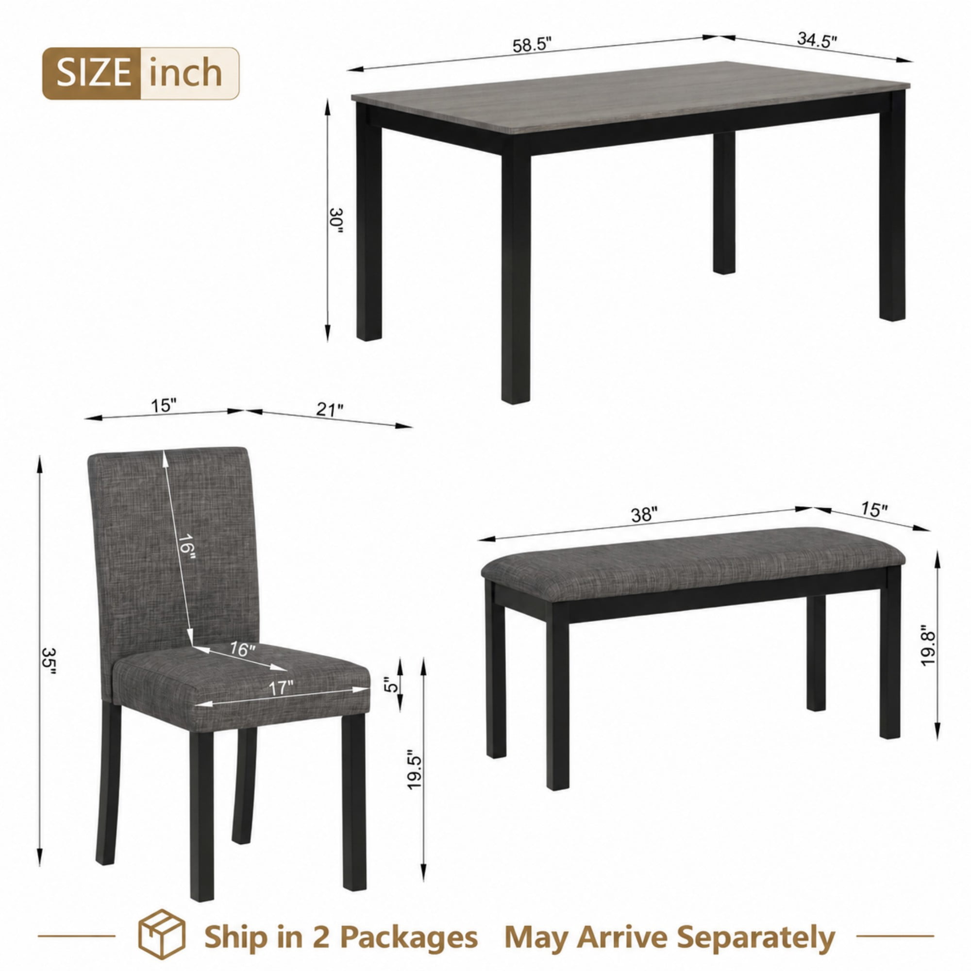 BSHTI 58.5" Wood Modern 6-Piece Dining Table Set with Fabric Upholstered Chairs, Bench, Rustic Design for Kitchen/Dining Room(Light Grey & Black)