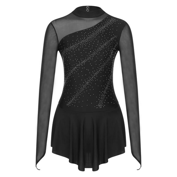 SiiRoh Women's Figure Ice Skating Dress Sparkly Rhinestones Long Sleeve Ballet Lyrical Dance Leotard Black XL