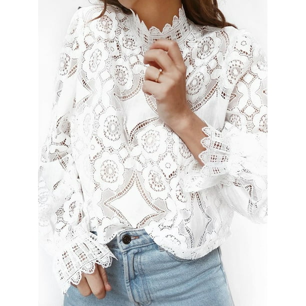 Women Crewneck Lace Hollow Out Long Sleeve T Shirt Top Slim Solid ...