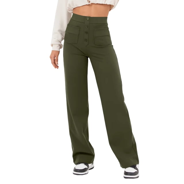 Pantalones Cargo rectos informales para mujer, pantalones de pierna con botón de cintura alta, pantalones elásticos de trabajo de negocios con múltiples bolsillos