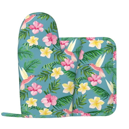 

Pink Yellow Flower Hummingbird Oven Mitts and Pot Holders Sets with 1 Non-Slip Left Silicone Oven Mitts and 1 Heatproof Insulated Hot Pads for Kitchen Use in Cooking Baking Grilling