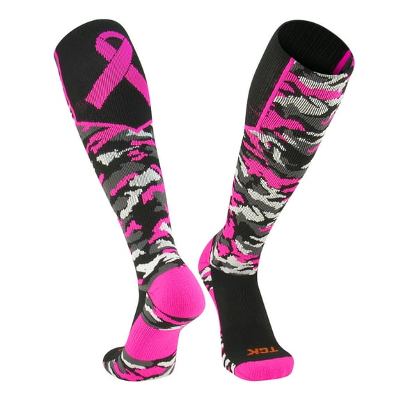 Woodland Camo Breast Cancer Awareness Over the Calf Socks (Black/Hot Pink, X-Large)
