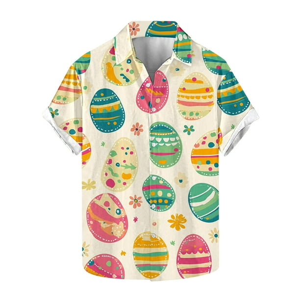 Blusas y camisas de manga corta con cuello en V Camisa estampada de Pascua para hombre Camisa abotonada Top de poliéster para hombre