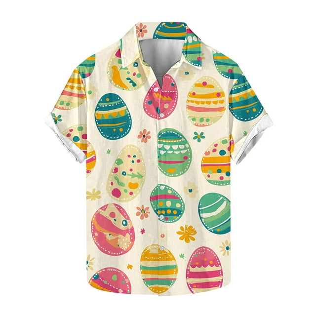Blusas y camisas de manga corta con cuello en V Camisa estampada de Pascua para hombre Camisa abotonada Top de poliéster para hombre
