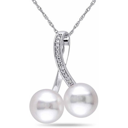 Miabella 8-8.5mm White Round Cultured Freshwater Pearl and Diamond-Accent White Gold Link Pendant, 17