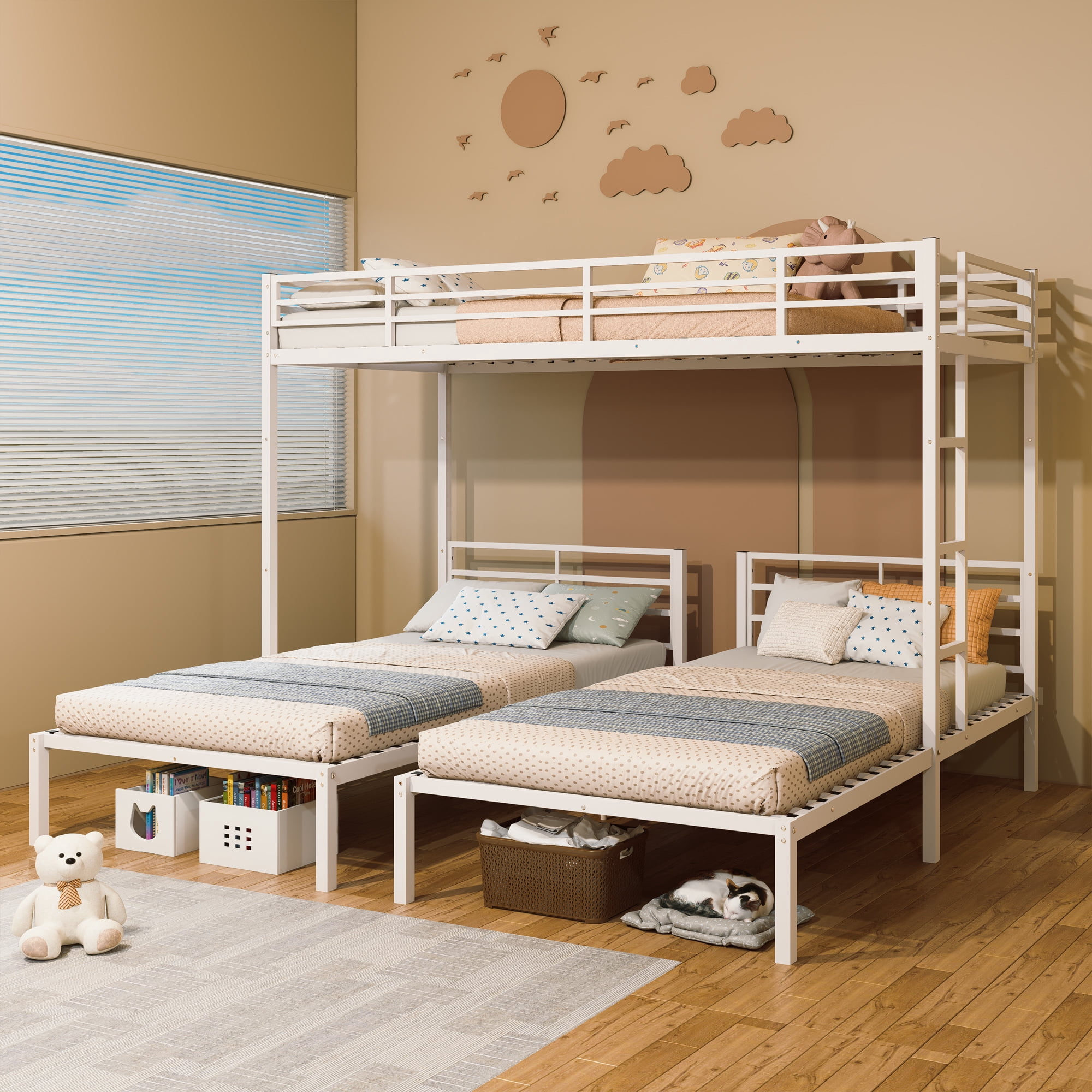 Leumius Metal Triple Bunk Bed, 3 Twin Beds Convertible Design, Noise Reduced Sturdy Structure for Bedroom,White