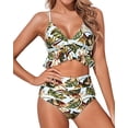 thumbnail image 1 of Women Two Piece Swimsuits High Waisted Ruffle Flounce Bikini V Neck Tummy Control Bathing Suit Green Leaves (L, 1 of 6