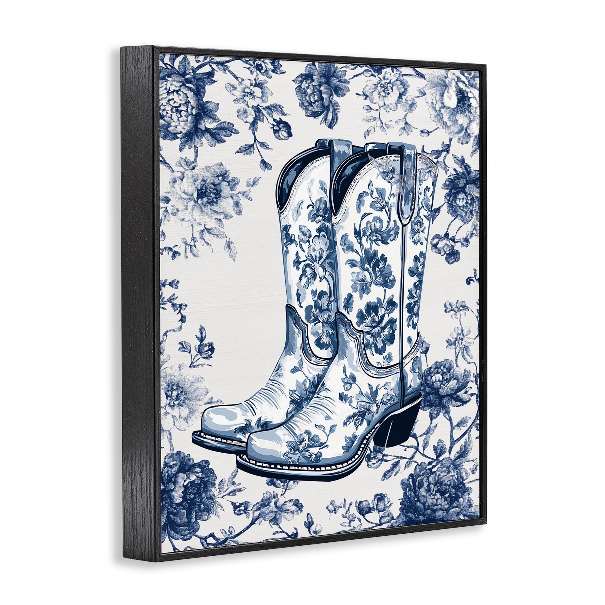 Blue Spring Florals & Boots Black Framed Giclee Art, design by Lettered and Lined